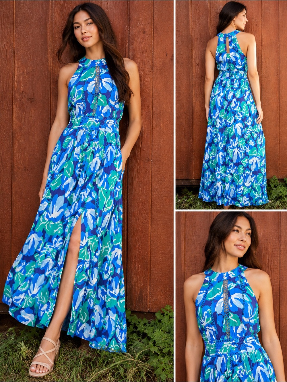Anthropologie Abel the Label Blue & Green Floral Maxi Dress – Size Medium